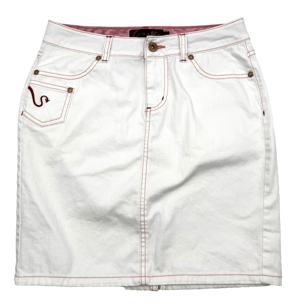 Vintage 00s Y2K NMX White Denim Red Devil Tail Embroidered Mini Skirt 26x16.5"